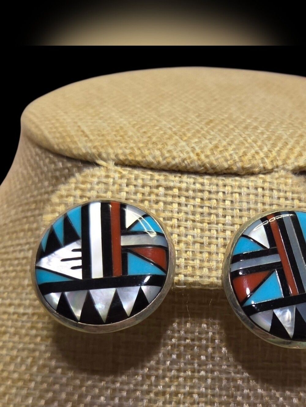 Signed JH Sterling Turquoise Coral Mother of Pearl Inlay Round Post Earrings